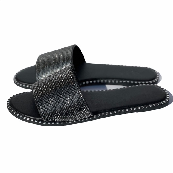 Black Rhinestone Flat Sandals - Picture 4 of 10